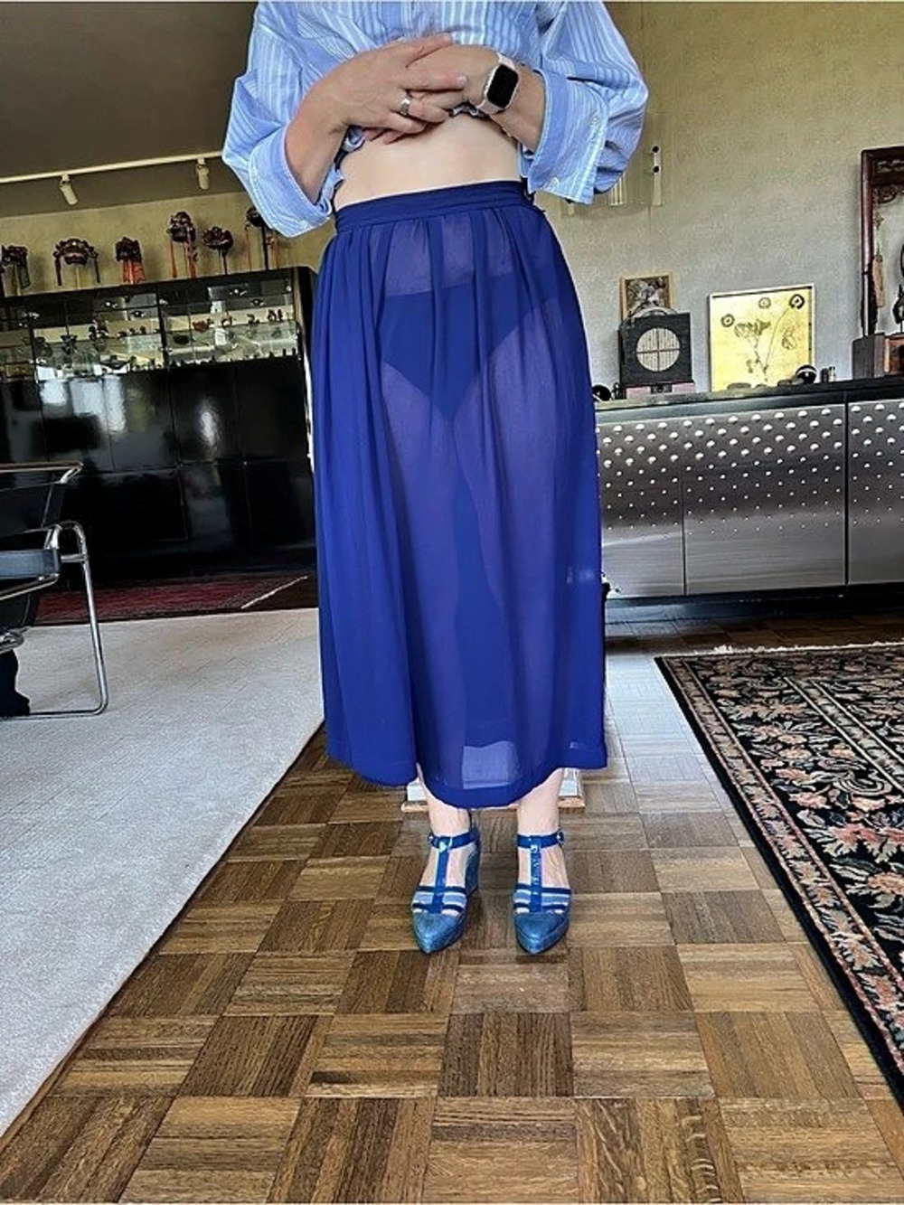 COMME des GARÇONS Sheer Pleated Midi Skirt in Blue